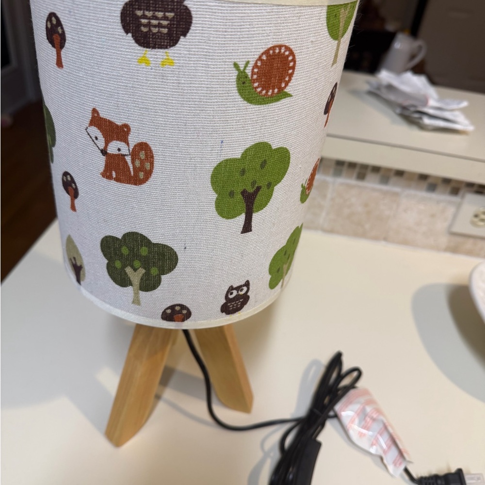 Wood Tripod Accent Lamp with Woodland Print Shade